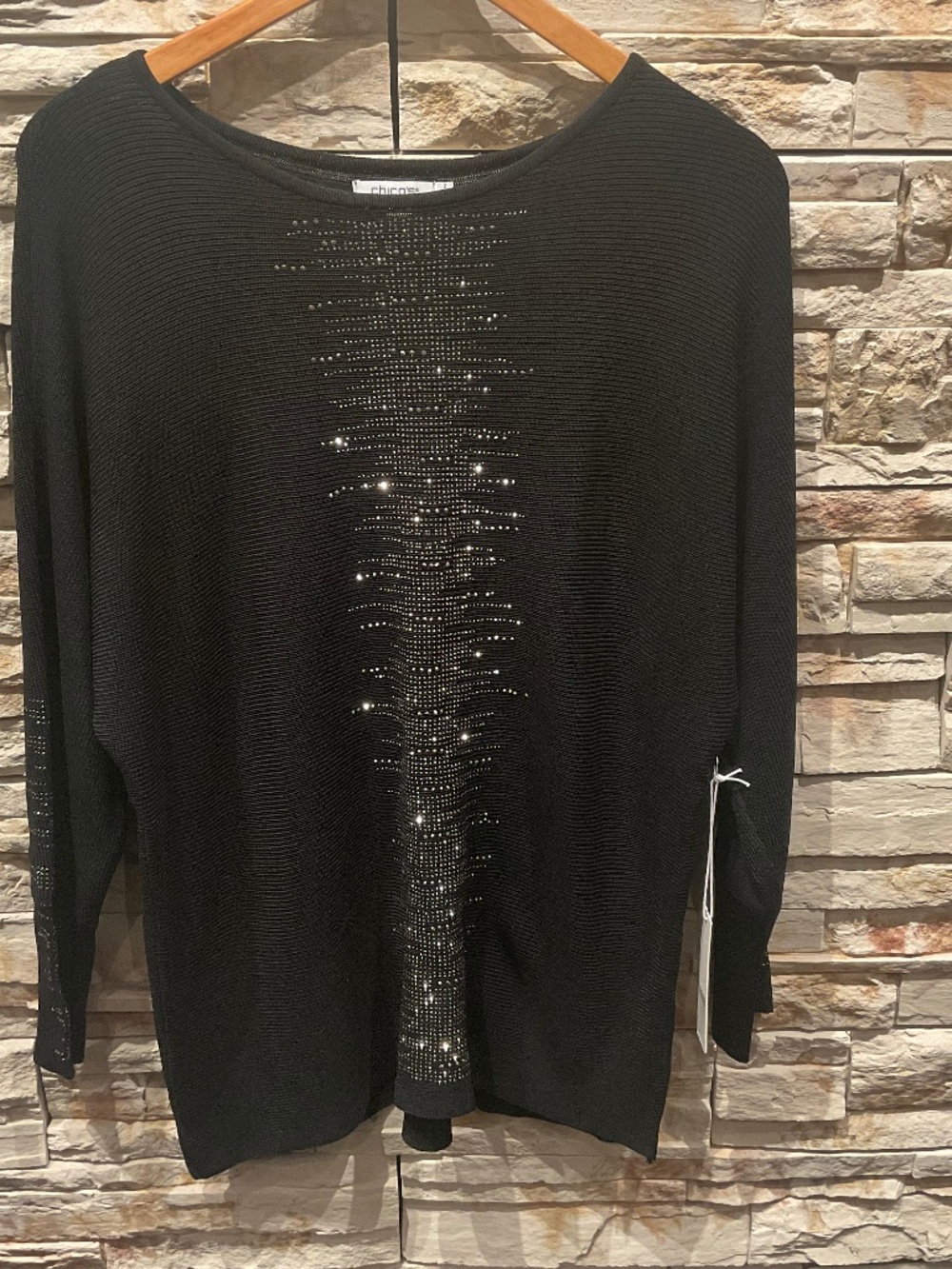 Chico’s Women’s Rhinestone  Dolman Sleeve Pullover Sweater, Color Black, Size 2